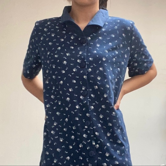 blue floral y2k collared button up dress - Picture 1 of 3